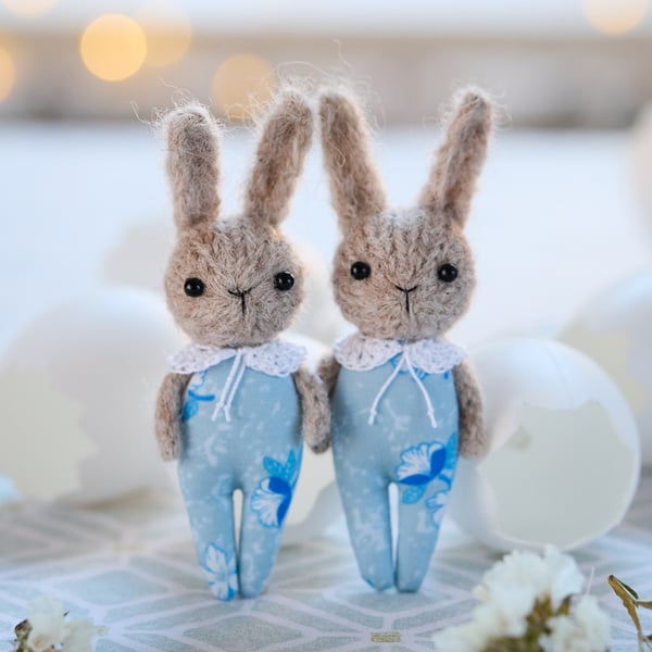 Easter Bunny ornament, miniature rabbit doll, blue outfit