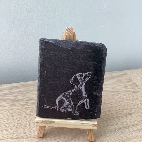 Cute Dachshund (Sausage Dog) Puppy - original art picture hand carved on slate