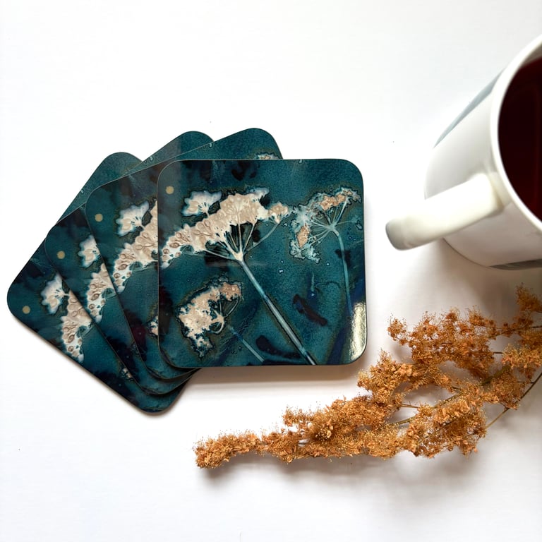 Cyanotype Seed Head Coaster Set x4 (dark wood finish)