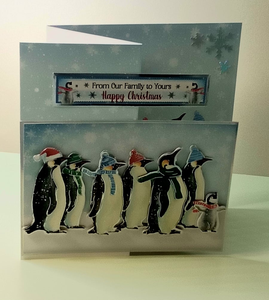 3D Decoupaged Christmas Card, Penguins on Parade