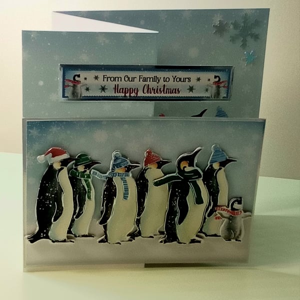 3D Decoupaged Christmas Card, Penguins on Parade