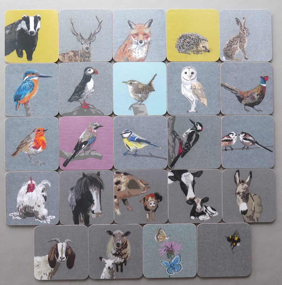 4 coasters (your own selection of 'British Birds', 'Farm Animals' & Insects)