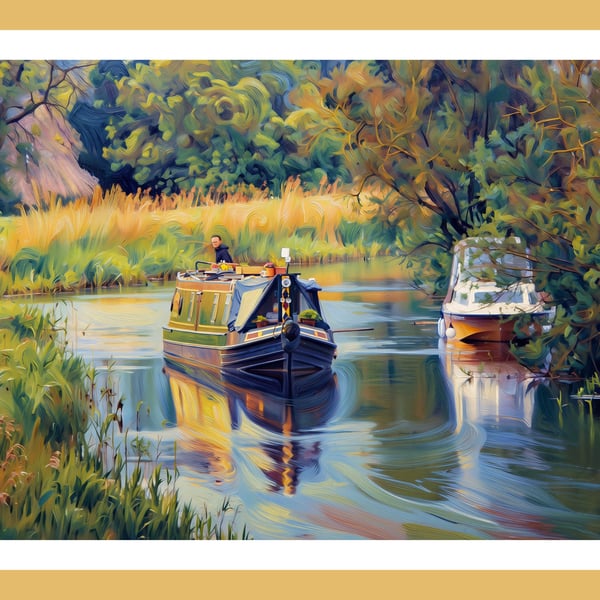 House Boat Traveling Down Fens Norfolk Greeting Card A5