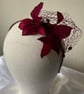 Jo - Claret Feather Flower Fascinator Headband with Merrywidow Veiling  - Image 3