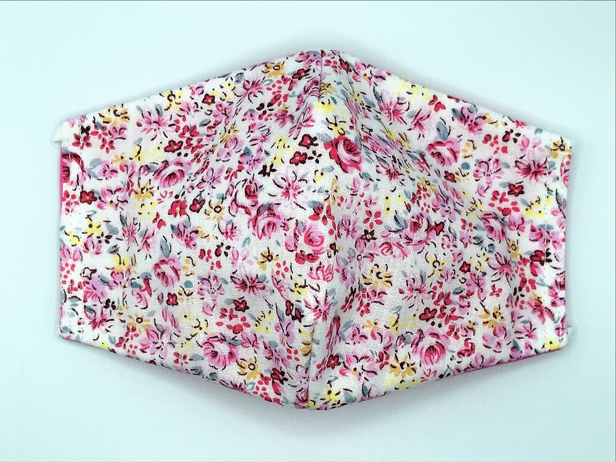 Pink Roses Face Mask. Triple layered. 100 % Cotton Fabric.