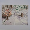 Original watercolour painting rural winter scene country lane snowy trees