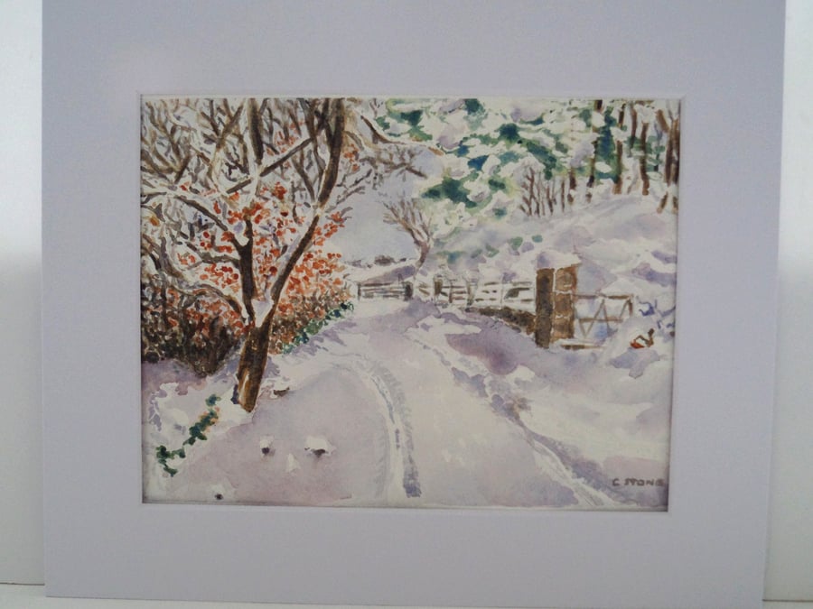 Original watercolour painting rural winter scene country lane snowy trees