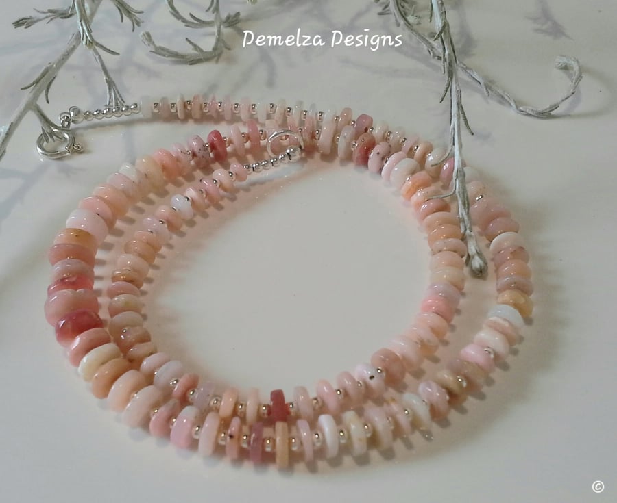 Natural Puruvian Pink Opal Sterling Silver Necklace