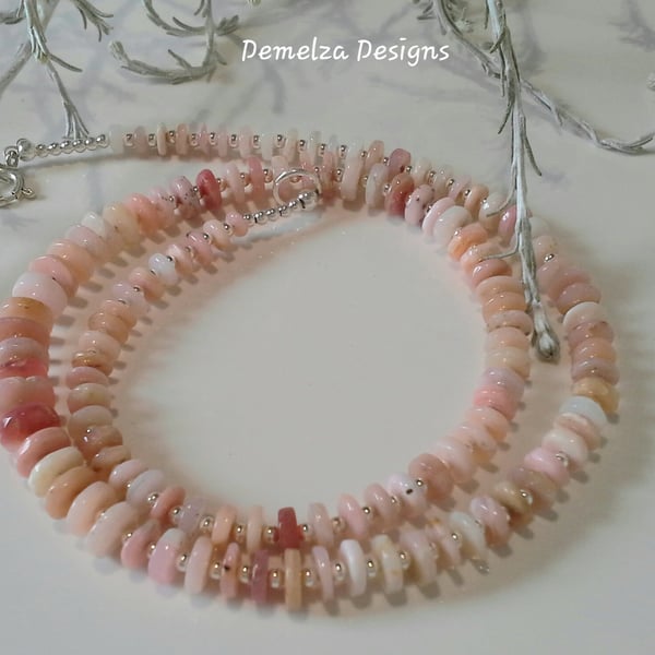 Natural Puruvian Pink Opal Sterling Silver Necklace