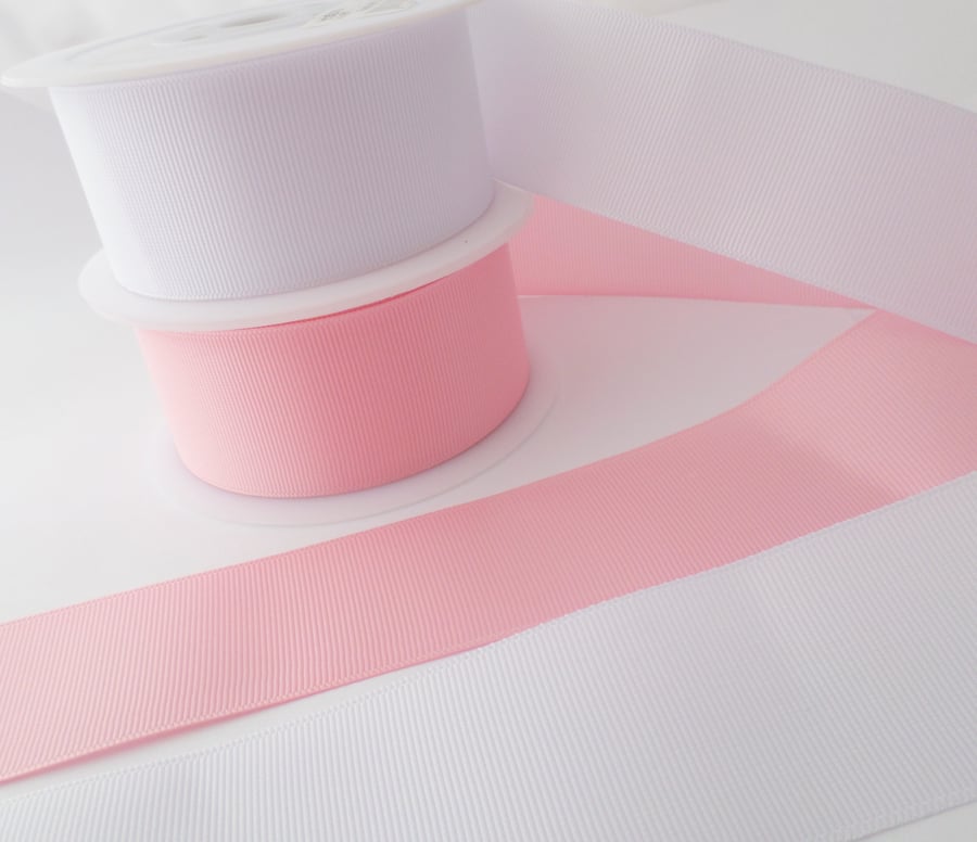 38mm grosgrain ribbon, pink, white x 2 metres 