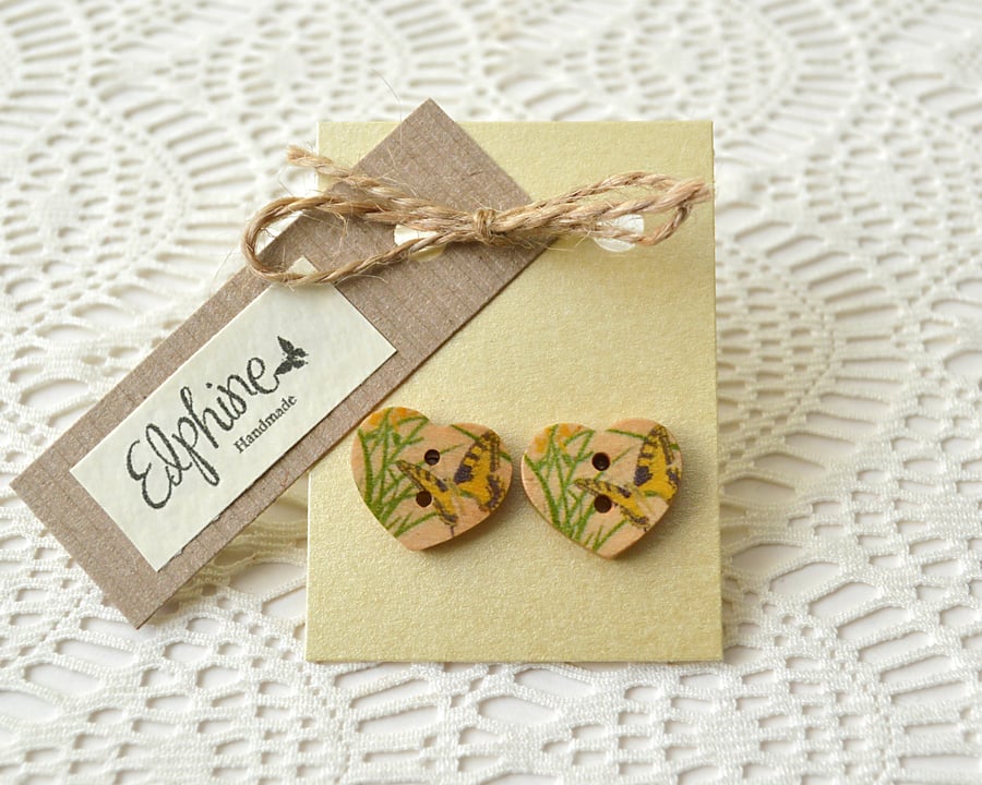 Heart Shaped Button Earrings with Butterflies