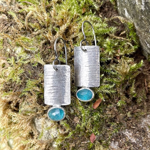 Oxidised sterling silver and teal blue apatite industrial look earrings