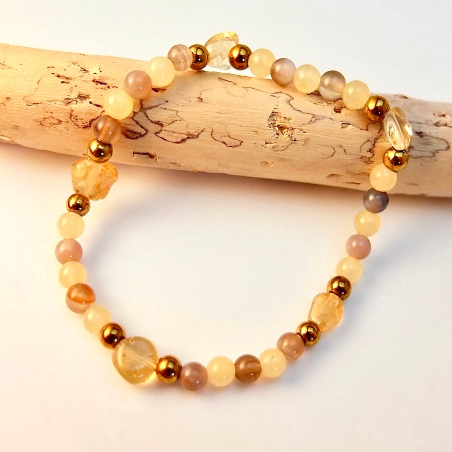 Citrine, Banded Agate And Ambronite Bracelet - Handmade In Devon, Free UK P&P.
