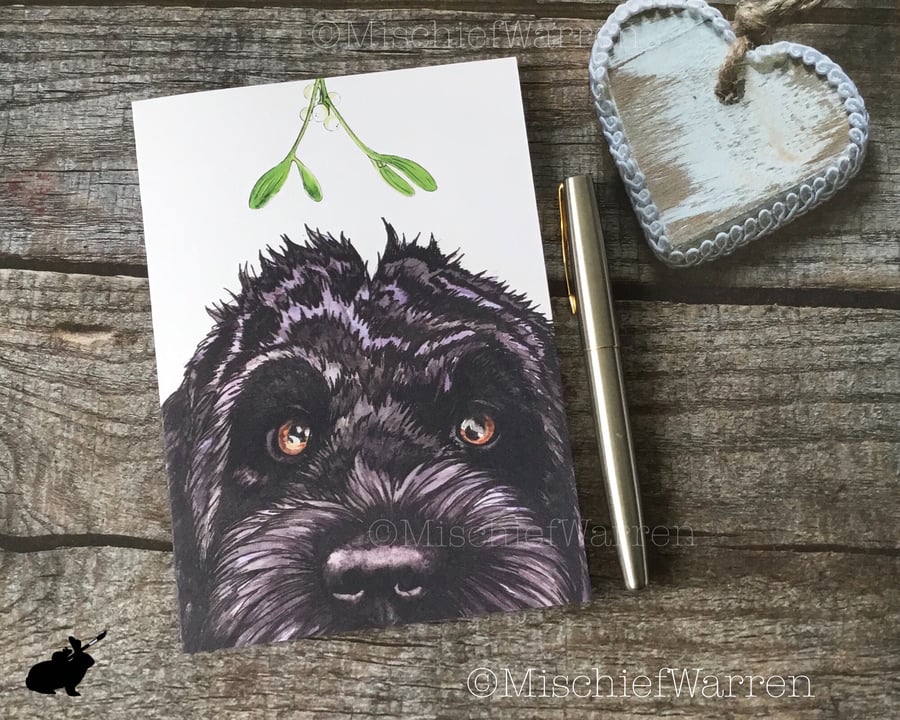 Labradoodle Christmas Card. Black Doodle dog Christmas card.