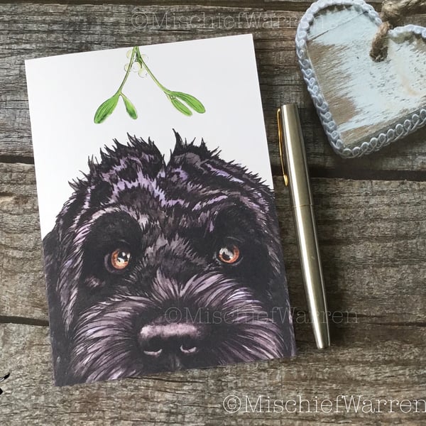 Labradoodle Christmas Card. Black Doodle dog Christmas card.