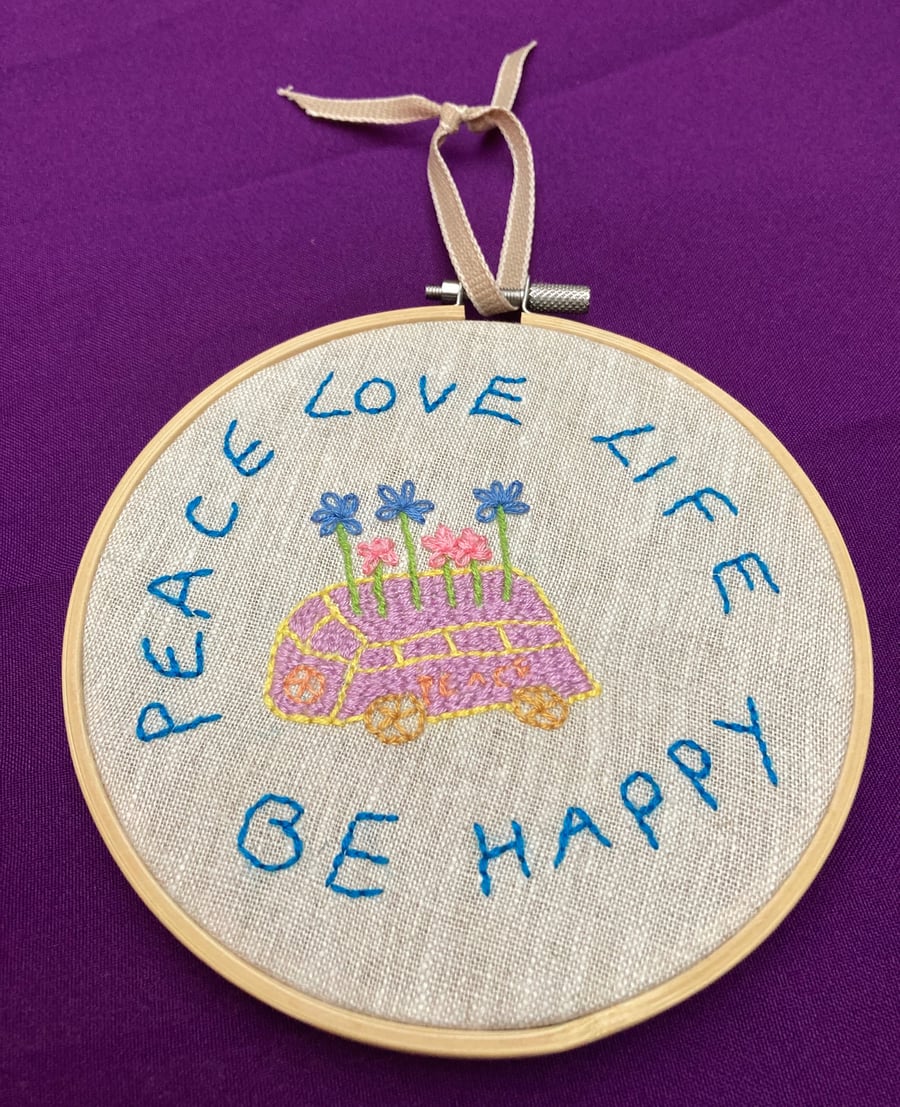 Hippie camper van embroidery art.