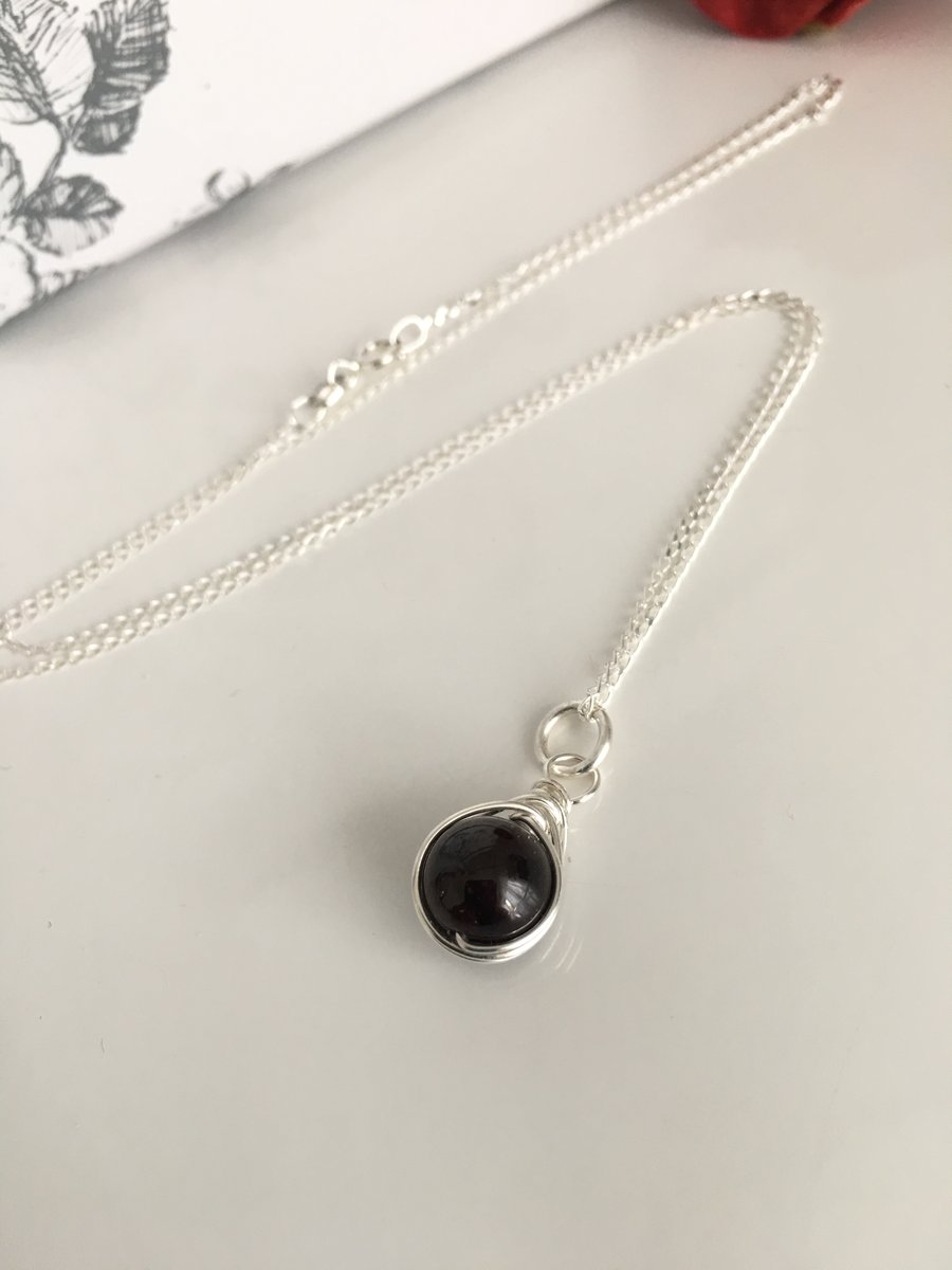 Dainty Dark Red Garnet Necklace Choker Wire Wrapped on Sterling Silver 18" Chain