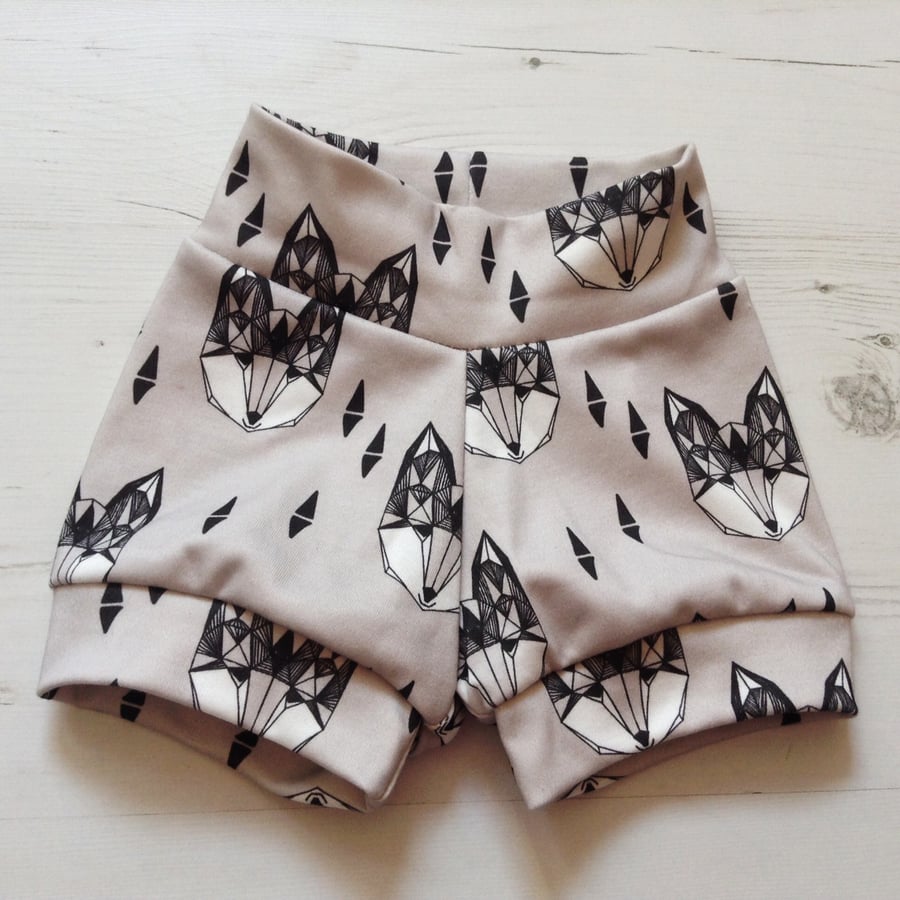 ORGANIC Baby Relaxed CUFF SHORTS in GEOMETRIC FOX HEADS Gift Idea from BellaOski