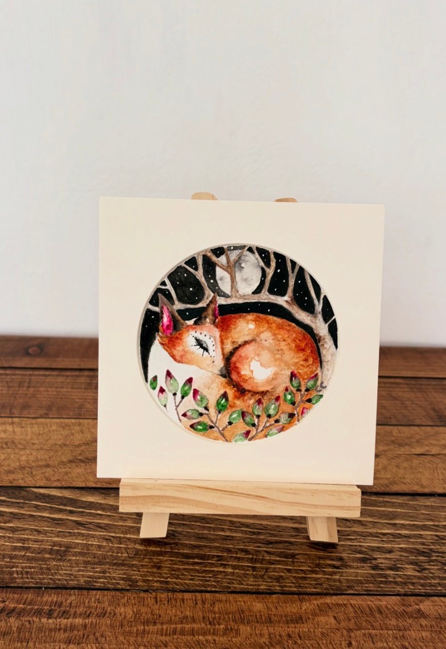 Mounted Circular Original Watercolour Sleeping Fox Wall Art Woodland Decor 
