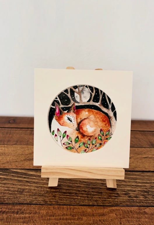 Mounted Circular Original Watercolour Sleeping Fox Wall Art Woodland Decor 