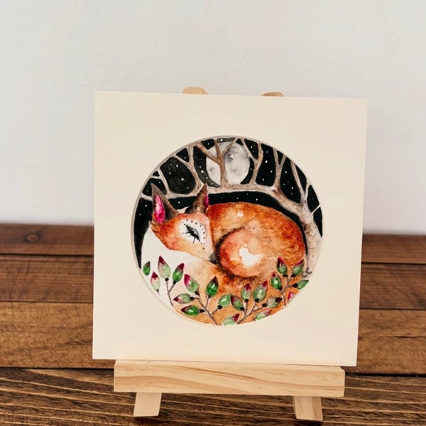 Mounted Circular Original Watercolour Sleeping Fox Wall Art Woodland Decor 