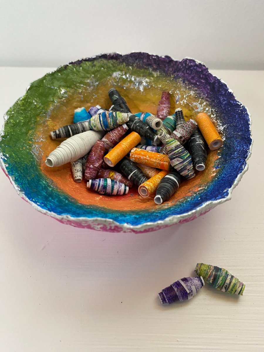 Rainbow Paper Mache Bowl: Recycled Decorative Desk Tidy
