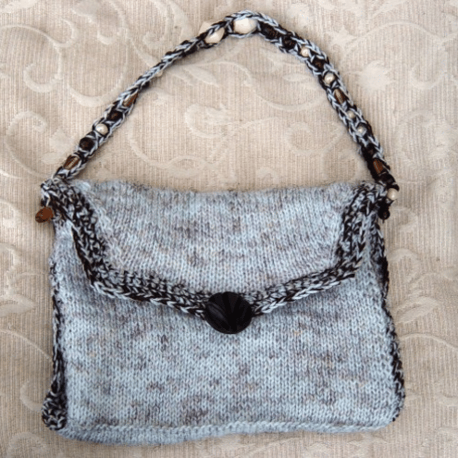 Chocolate Marl, Hand Knitted & Crocheted Handbag, Glass bead strap.