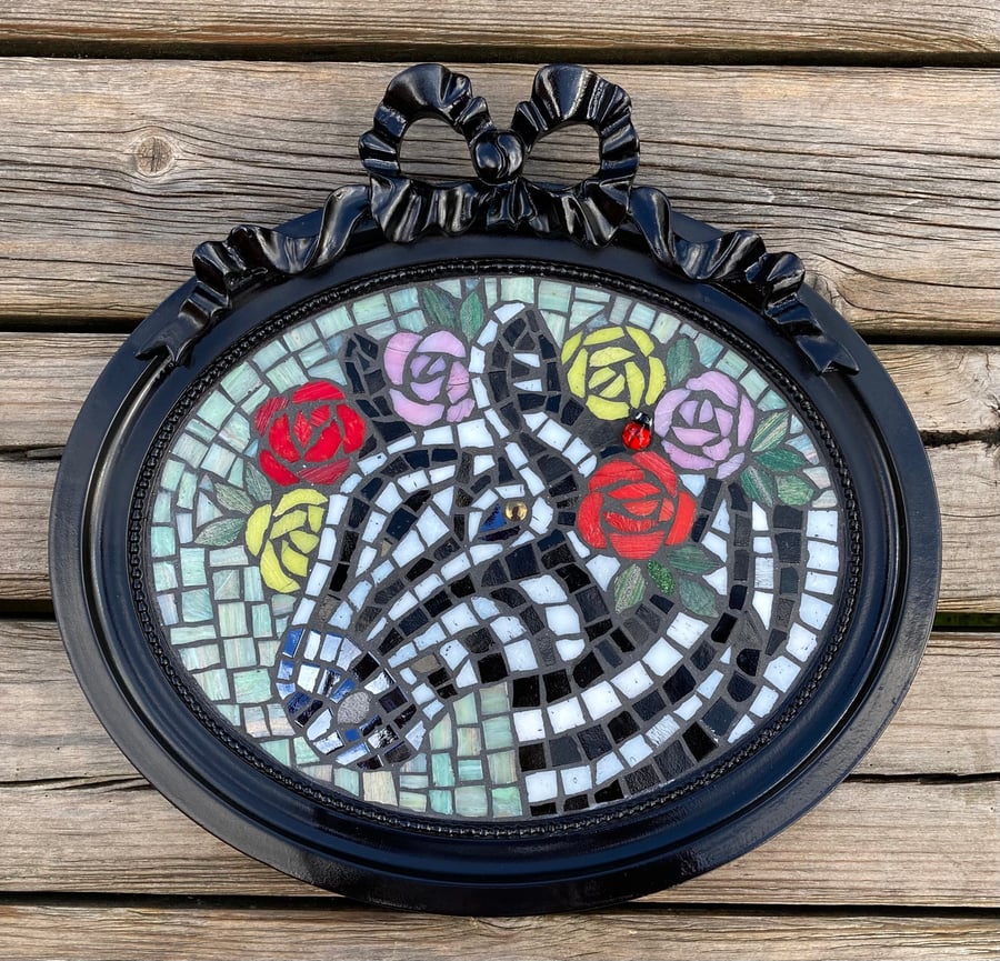 Mosaic Zebra with roses in vintage frame