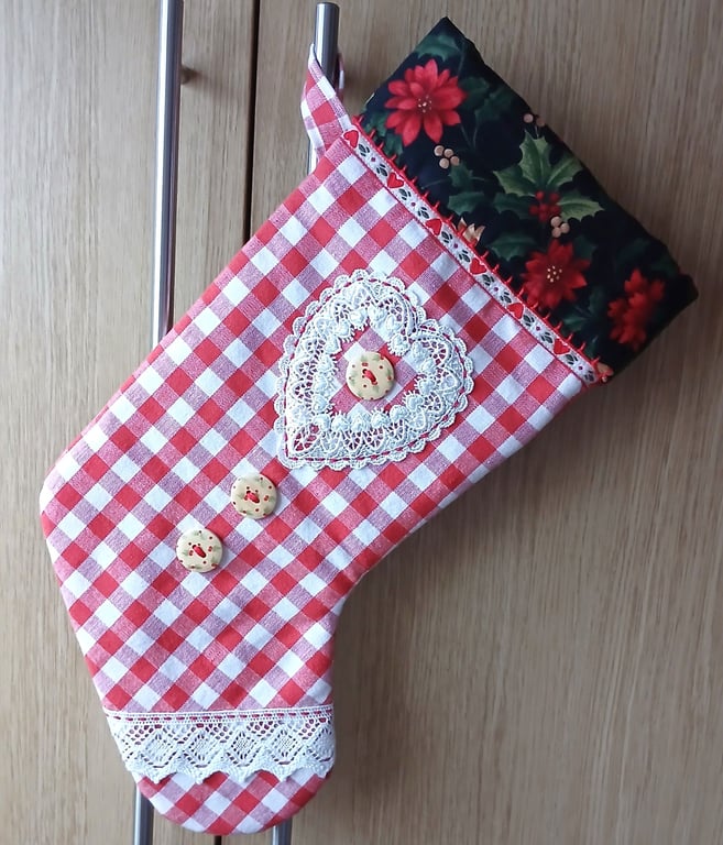 Scandi Style Hearts and Holly Gingham Christmas Stocking
