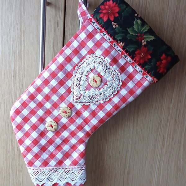 Scandi Style Hearts and Holly Gingham Christmas Stocking