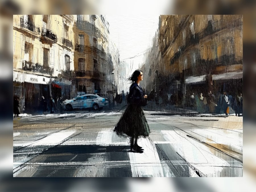 Parisian Crosswalk Scene with Urban Elegance 7"x5" on Matte Paper