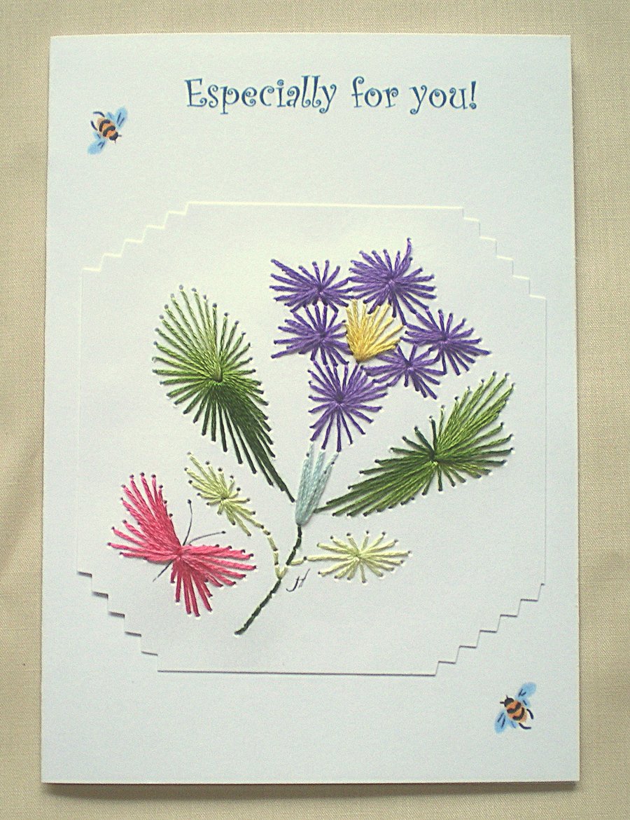 Gentian n butterfly ,Especially for You,Embroidered onto a white card,R 41
