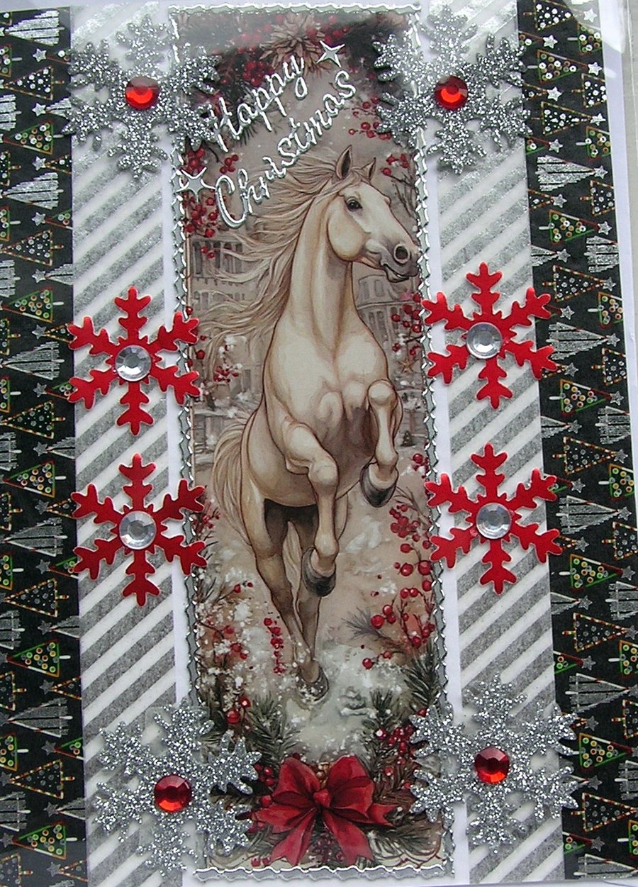 Hand Crafted Decoupage Chistmas Card - Happy Christmas (3379) - Pony Horse