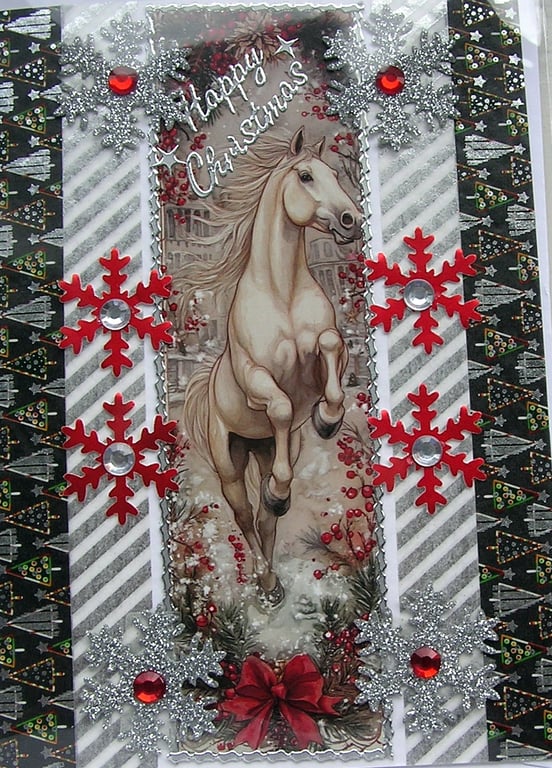 Hand Crafted Decoupage Chistmas Card - Happy Christmas (3379) - Pony Horse