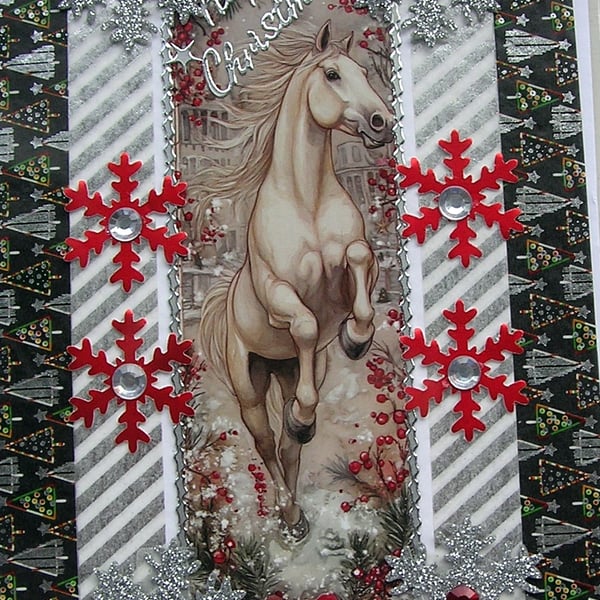 Hand Crafted Decoupage Chistmas Card - Happy Christmas (3379) - Pony Horse