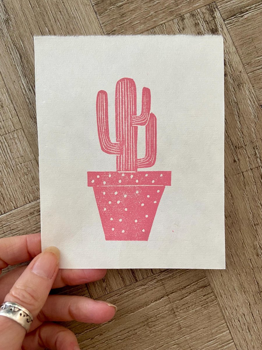 Pink Cactus Lino Print: Hand-Burnished Arizona Art (Unframed)