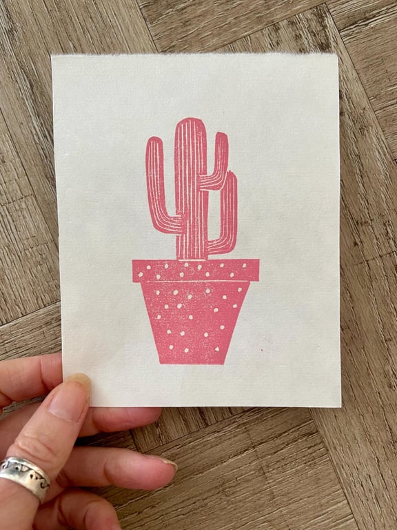Pink Cactus Lino Print: Hand-Burnished Arizona Art (Unframed)