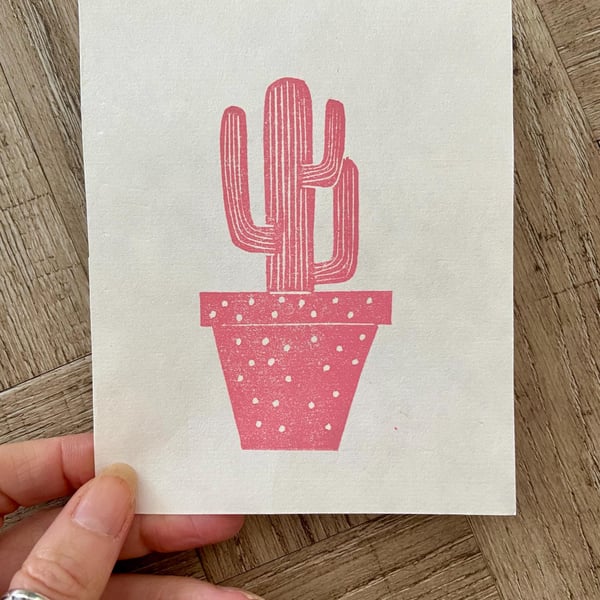 Pink Cactus Lino Print: Hand-Burnished Arizona Art (Unframed)