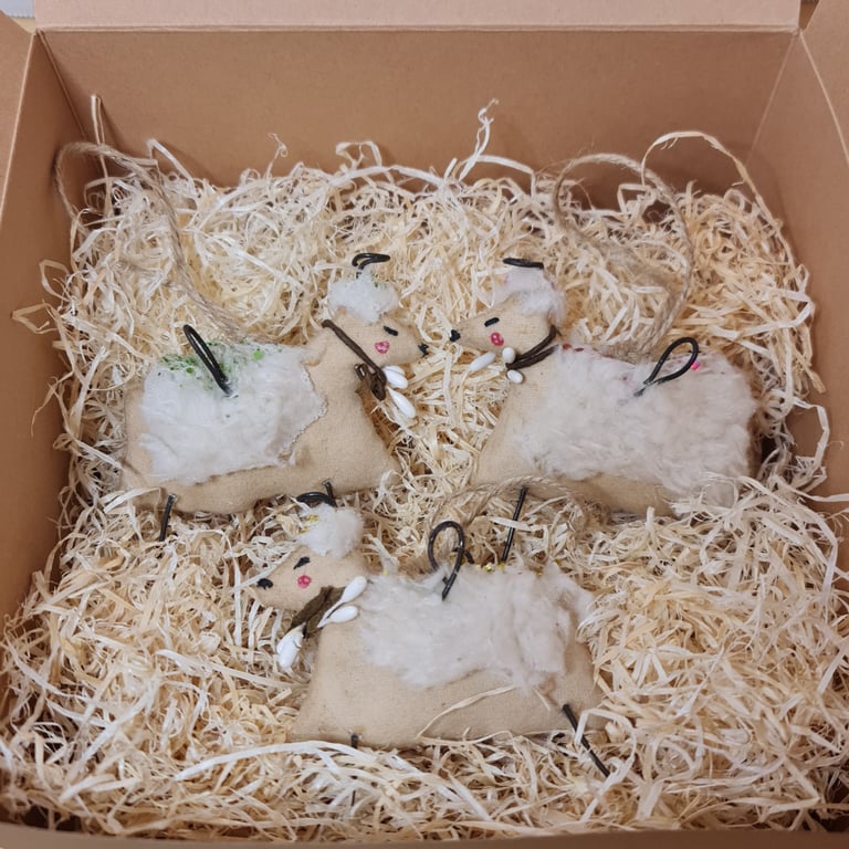 Rustic style set of 3 heavenly sheep  handmade textile art