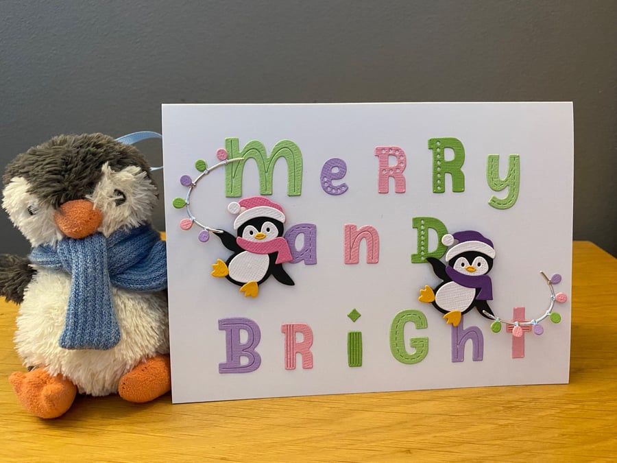 Handmade Merry & Bright Penguin Christmas Card