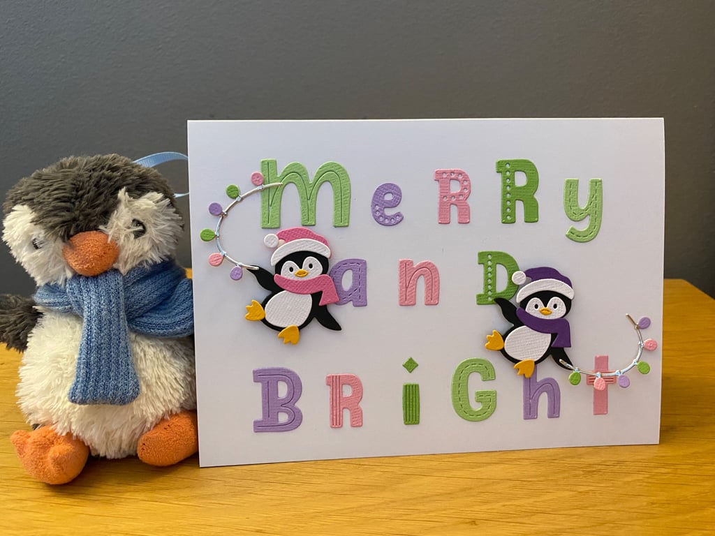 Handmade Merry & Bright Penguin Christmas Card