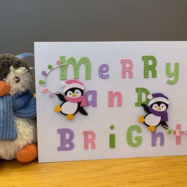 Handmade Merry & Bright Penguin Christmas Card