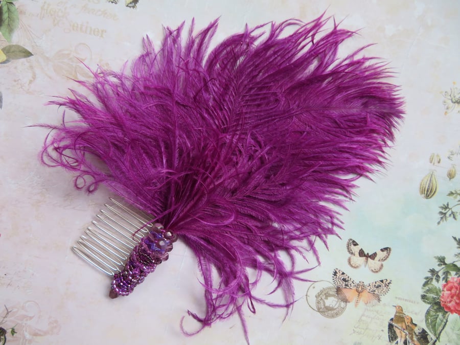 Amethyst Magenta Ostrich Feather & Crystal Beaded Regency Vintage Hair Comb 
