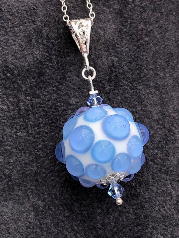 blue and ivory bumpy lampwork glass pendant 