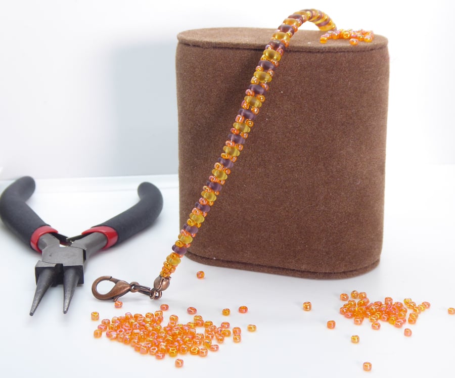 Orange, Purple and Yellow Beaded Bracelet with Seed Beads