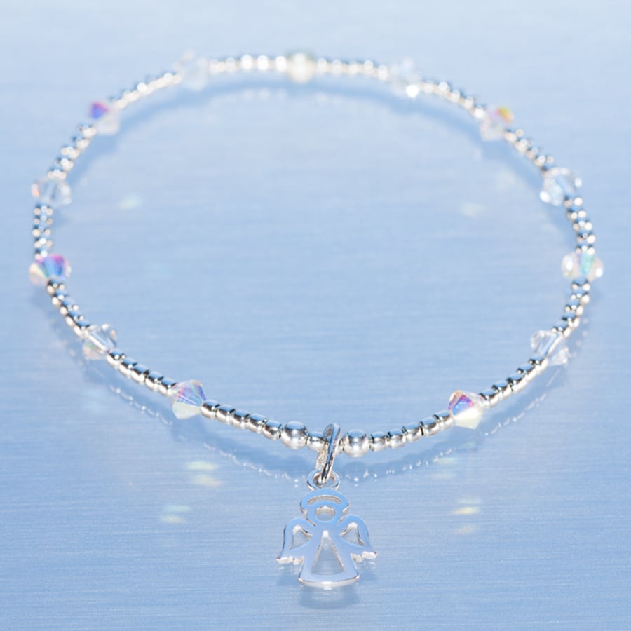 Sale-dainty sterling silver and swarovski angel charm bracelet 