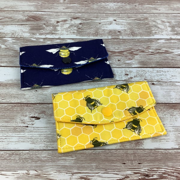 Bees Business Card Case, Travel pass holder wallet, Fabric purse, Handmade