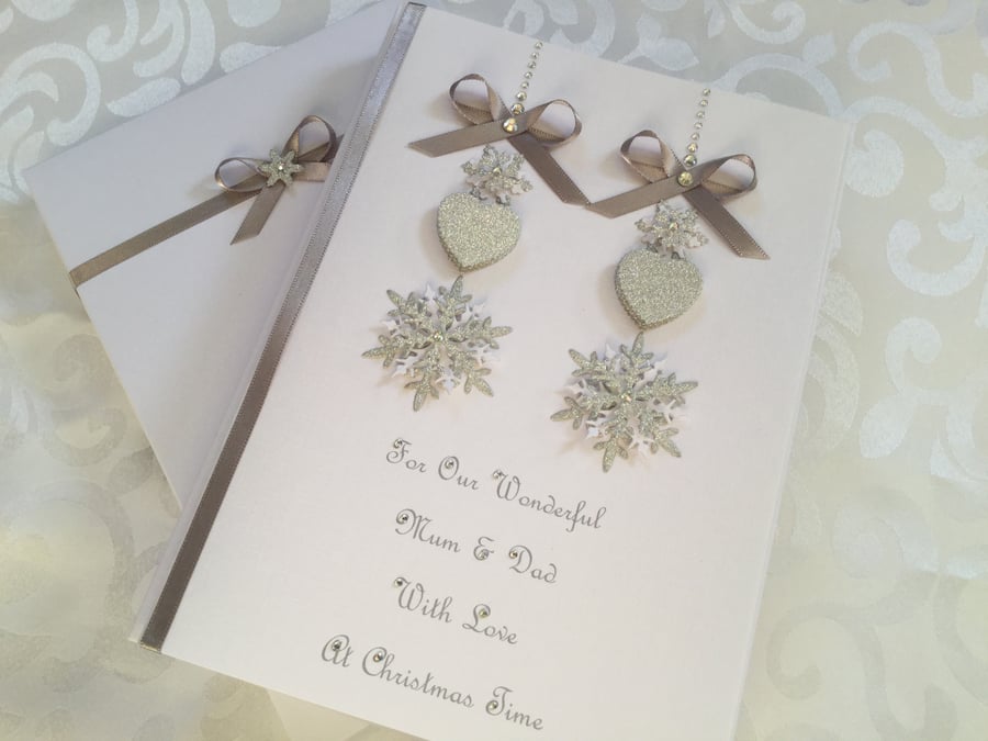 Personalised Handmade Christmas Card Mum Dad Any Names Couples Snowflakes