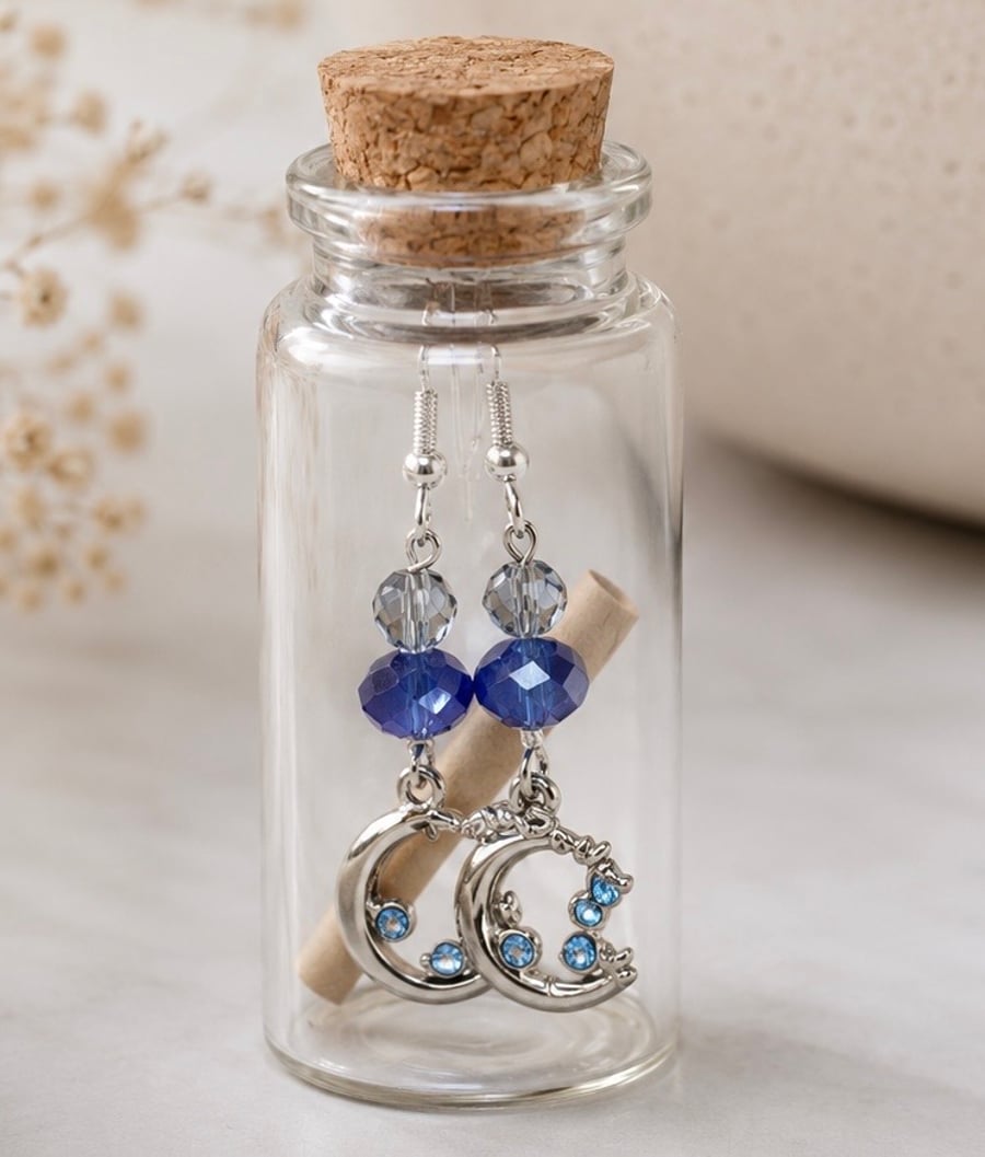 Blue Moon Crystal Earrings in a  Message Bottle 