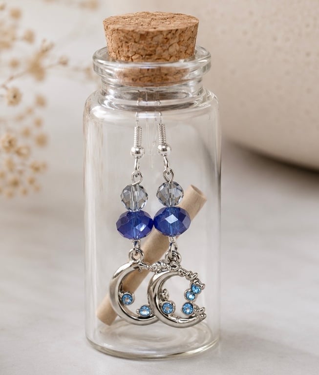 Blue Moon Crystal Earrings in a  Message Bottle 